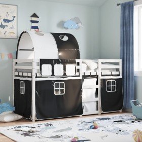 Litera con cortinas madera maciza pino blanco y negro 80x200 cm Litera con cortinas madera maciza pino blanco y negro 80x200 cm