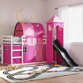 Litera con tobogán y cortinas rosa 90x200 cm
