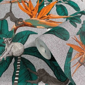 Topchic Papel de pared Monkey Jungle Leaves verde y gris