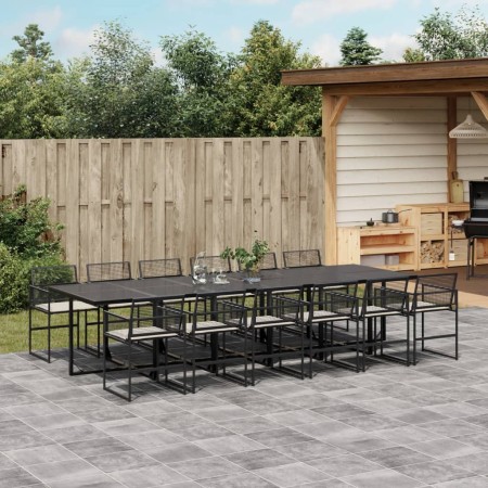 Set comedor de jardín con cojines 13 pzas ratán sintético negro