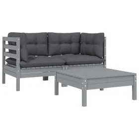 Juego muebles de jardín 3 pzas cojines gris madera pino maciza by vidaXL, Modular outdoor sofas - Ref: Foro24-806678, Price: ...