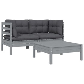 Juego muebles de jardín 3 pzas cojines gris madera pino maciza by vidaXL, Modular outdoor sofas - Ref: Foro24-806678, Price: ...