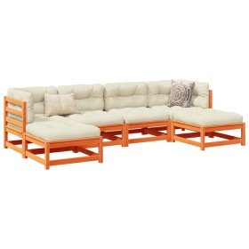 Set de sofás jardín 6 pzas con cojines madera pino marrón cera