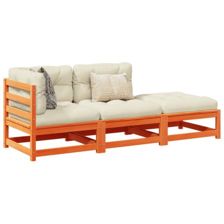 Set de sofás jardín 3 pzas con cojines madera pino marrón cera