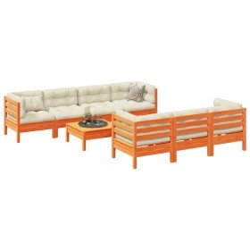 Set de sofás jardín 8 pzas con cojines madera pino marrón cera Set de sofás jardín 8 pzas con cojines madera pino marrón cera