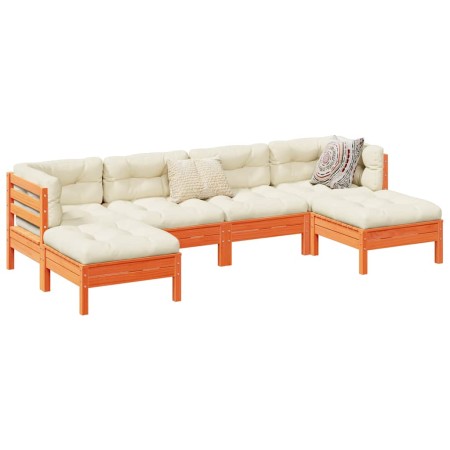 Set de sofás jardín 6 pzas con cojines madera pino marrón cera