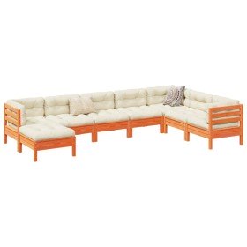 Set de sofás jardín 8 pzas con cojines madera pino marrón cera