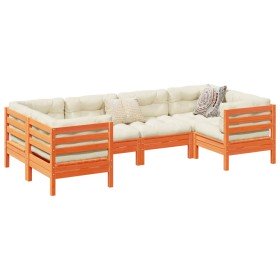 Set de sofás jardín 6 pzas con cojines madera pino marrón cera