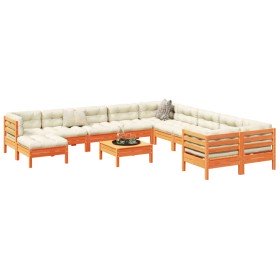 Set de sofás jardín 12 pzas con cojines madera pino marrón cera