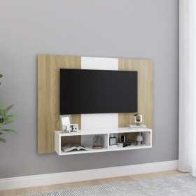 Mueble TV de pared contrachapado blanco y roble 120x23,5x90 cm