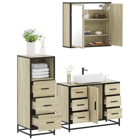 Set de muebles de baño 3 pzas madera contrachapada roble Sonoma en Muebles de baño | Comprar online en Foro24