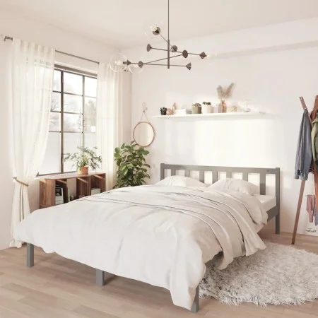Solid gray pine wood bed frame 150x200 cm by vidaXL, Beds and slatted bases - Ref: Foro24-810089, Price: 110,26 €, Discount: %