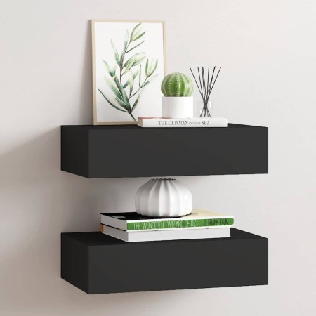 Estantes de pared con cajón 2 uds MDF negro 40x23,5x10 cm