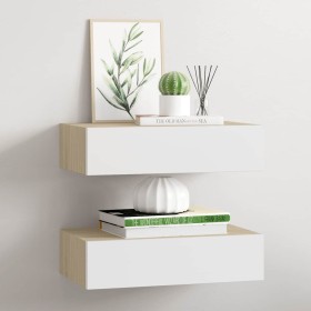 Estantes de pared con cajón 2 uds MDF roble/blanco 40x23,5x10cm