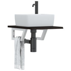 Estante de lavabo de pared de acero y madera maciza de roble
