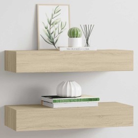 Estantes de pared con cajón 2 uds MDF roble 60x23,5x10 cm
