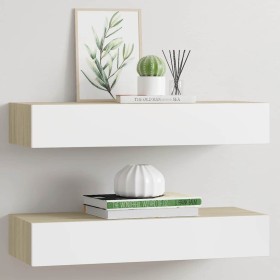 Estantes de pared con cajón 2 uds MDF roble/blanco 60x23,5x10cm