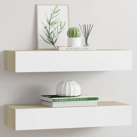 Estantes de pared con cajón 2 uds MDF roble/blanco 60x23,5x10cm