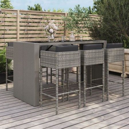 Garden table and high stools and cushions 7 pieces gray PE rattan by vidaXL, Garden sets - Ref: Foro24-3200665, Price: 649,64...