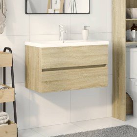 Set de mueble de baño 2 piezas cerámica y madera de ingeniería Set de mueble de baño 2 piezas cerámica y madera de ingeniería