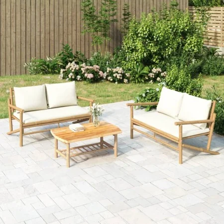 Bamboo garden bench with cream white cushions by vidaXL, Modular outdoor sofas - Ref: Foro24-363460, Price: 176,58 €, Discoun...