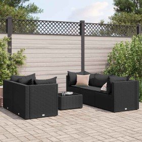 Set muebles de jardín 6 piezas y cojines ratán sintético negro