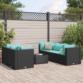 Set muebles de jardín 6 piezas y cojines ratán sintético negro
