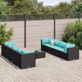 Set de muebles de jardín 9 pzas y cojines ratán sintético negro