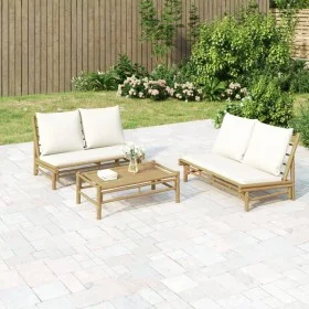 Bamboo garden bench with cream white cushions by vidaXL, Modular outdoor sofas - Ref: Foro24-363453, Price: 217,82 €, Discoun...