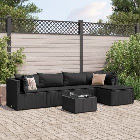 Set muebles de jardín 6 piezas y cojines ratán sintético negro