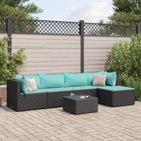 Set muebles de jardín 6 piezas y cojines ratán sintético negro