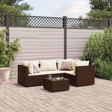 Set muebles de jardín 5 piezas y cojines ratán sintético marrón