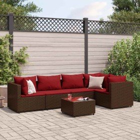 Set muebles de jardín 6 piezas y cojines ratán sintético marrón