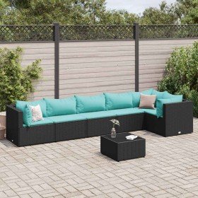 Set de muebles de jardín y cojines 7 pzas ratán sintético negro Set de muebles de jardín y cojines 7 pzas ratán sintético negro