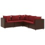 Set muebles de jardín 5 piezas y cojines ratán sintético marrón