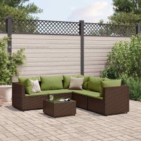 Set muebles de jardín 6 piezas y cojines ratán sintético marrón