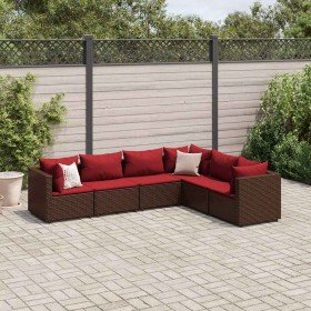 Set muebles de jardín 6 piezas y cojines ratán sintético marrón