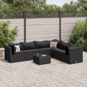 Set de muebles de jardín y cojines 7 pzas ratán sintético negro