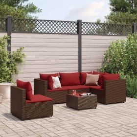 Set muebles de jardín 6 piezas y cojines ratán sintético marrón