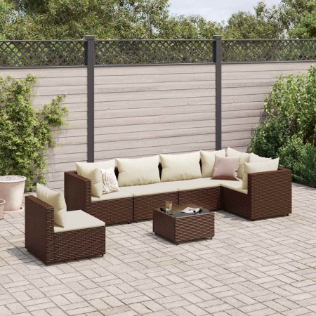 Set muebles de jardín 7 piezas y cojines ratán sintético marrón