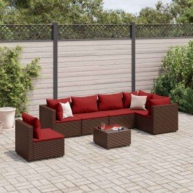 Set muebles de jardín 7 piezas y cojines ratán sintético marrón