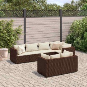 Set muebles de jardín 7 piezas y cojines ratán sintético marrón