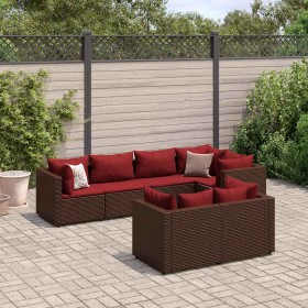 Set muebles de jardín 7 piezas y cojines ratán sintético marrón