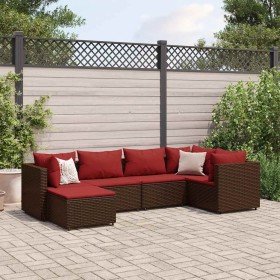 Set muebles de jardín 6 piezas y cojines ratán sintético marrón
