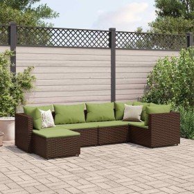 Set muebles de jardín 6 piezas y cojines ratán sintético marrón