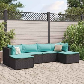 Set muebles de jardín 6 piezas y cojines ratán sintético negro