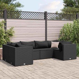 Set muebles de jardín 6 piezas y cojines ratán sintético negro