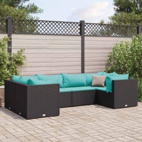 Set muebles de jardín 6 piezas y cojines ratán sintético negro Set muebles de jardín 6 piezas y cojines ratán sintético negro