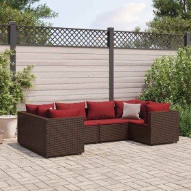 Set muebles de jardín 6 piezas y cojines ratán sintético marrón