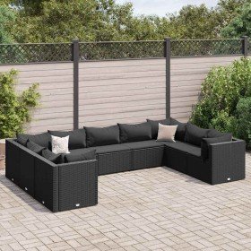 Set de muebles de jardín 9 pzas y cojines ratán sintético negro